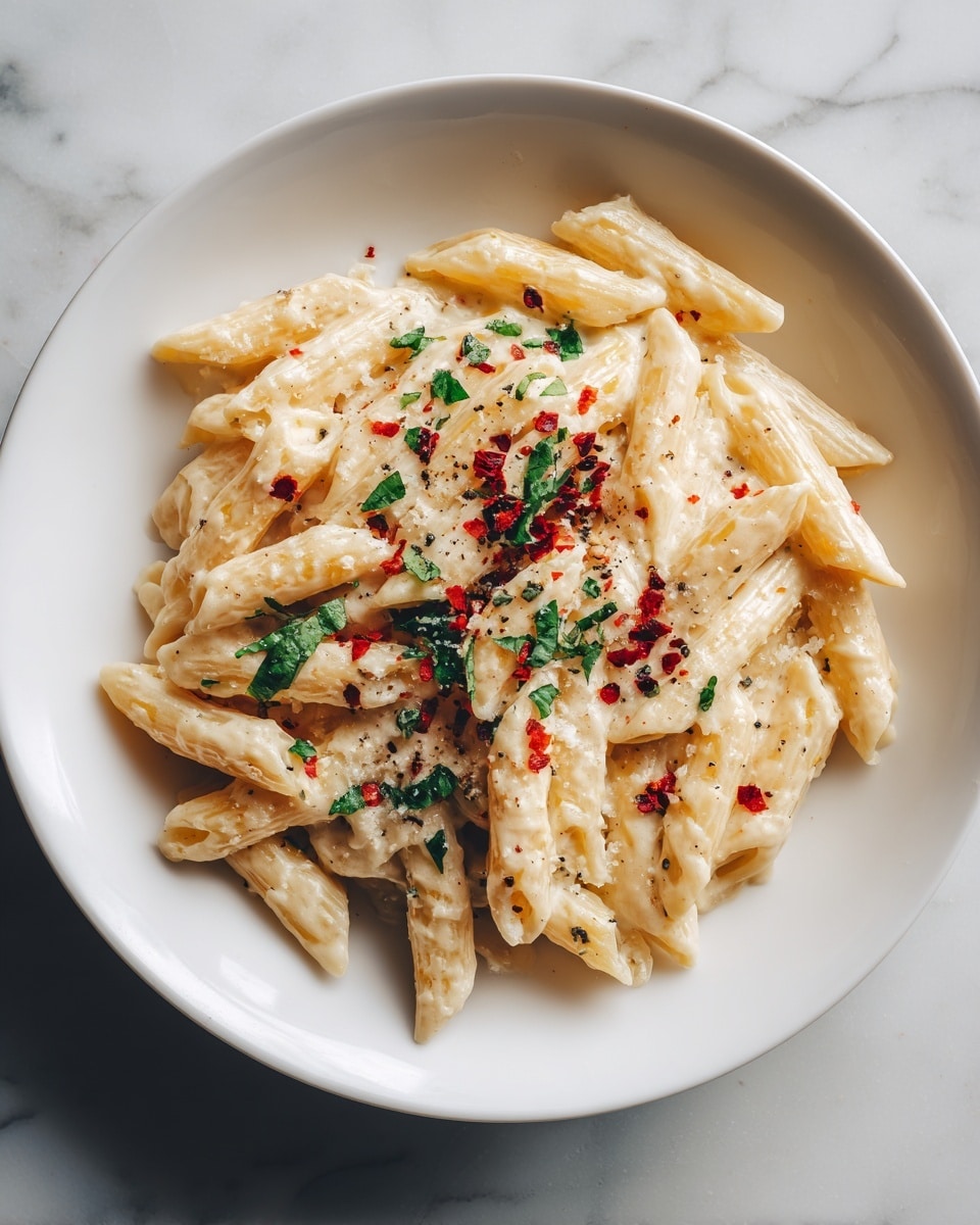 A white round plate holds a serving of creamy penne pasta. The pasta is coated in a smooth, light cream sauce, giving it a slightly glossy texture. On top, there is a sprinkle of grated white cheese and small pieces of green herbs scattered evenly. Tiny red pepper flakes and ground black pepper are spread across the dish, adding specks of red and black colors. The pasta pieces are arranged in layers, mostly lying flat with some overlapping. The plate is set on a white marbled surface. photo taken with an iphone --ar 4:5 --v 7