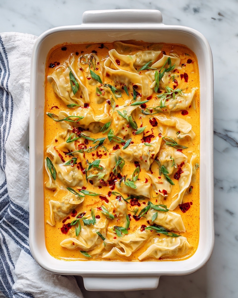 A white rectangular baking dish filled with a single layer of dumplings partially submerged in a rich, orange creamy sauce. The dumplings have thin, folded, pale yellow wrappers with a soft texture, some slightly open at the edges showing the filling inside. The sauce covers most of the dish but leaves the tops of dumplings exposed, while small dollops of red chili oil or paste add contrast. The dish is sprinkled with thin green slices of scallions and small green herb leaves, scattered evenly across the surface. All resting on a white marbled textured background with a white and blue striped towel on the left edge. Photo taken with an iphone --ar 4:5 --v 7