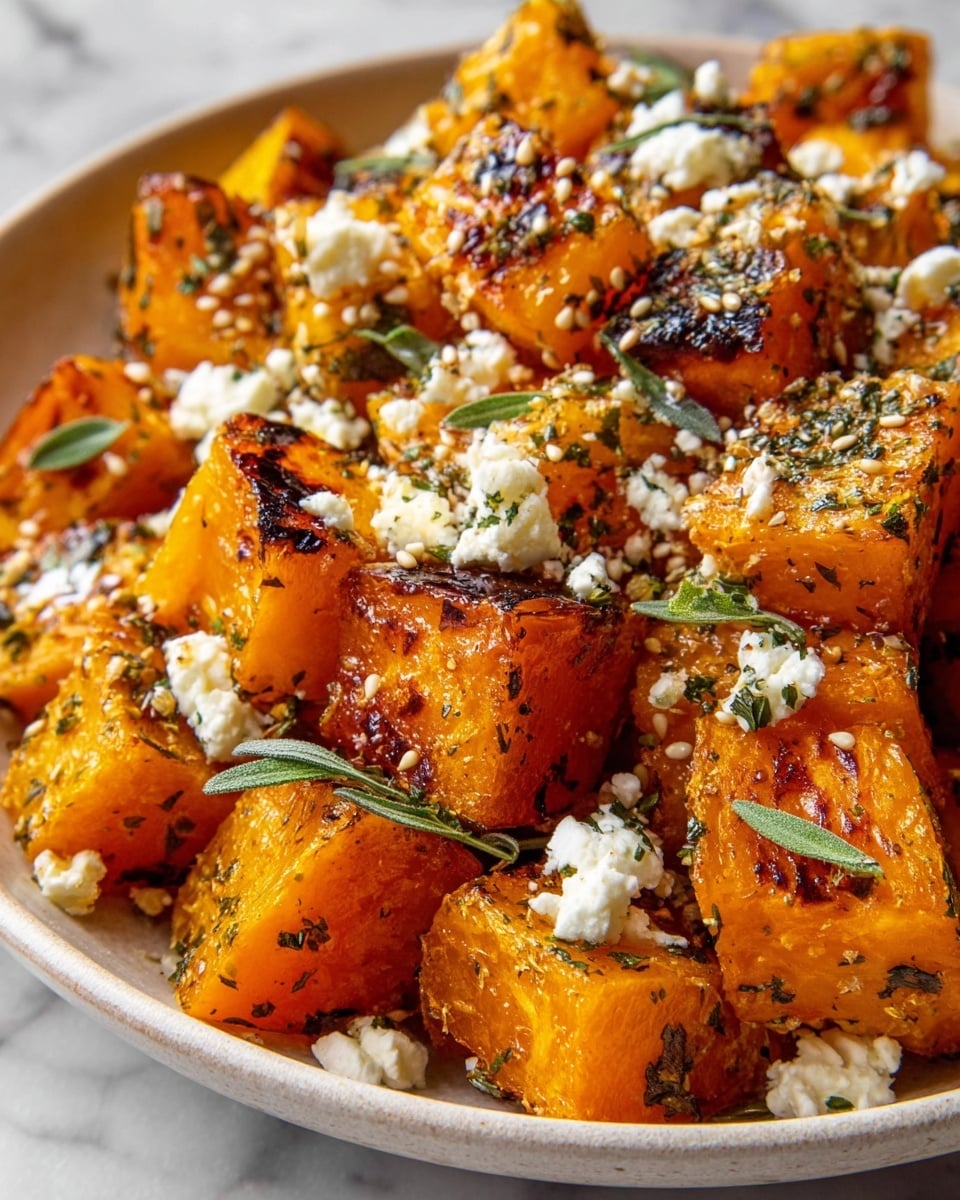 The image shows a close-up of several layers of roasted orange pumpkin cubes, some with slightly charred edges, filling a white bowl. Scattered among the pumpkin cubes are crumbles of white cheese with a soft texture. Sprinkled green herbs and tiny white seeds add more detail on top of the pumpkin and cheese. A few small green herb sprigs lie on the pumpkin pieces. The bowl sits on a white marbled surface, creating a clean background. photo taken with an iphone --ar 4:5 --v 7