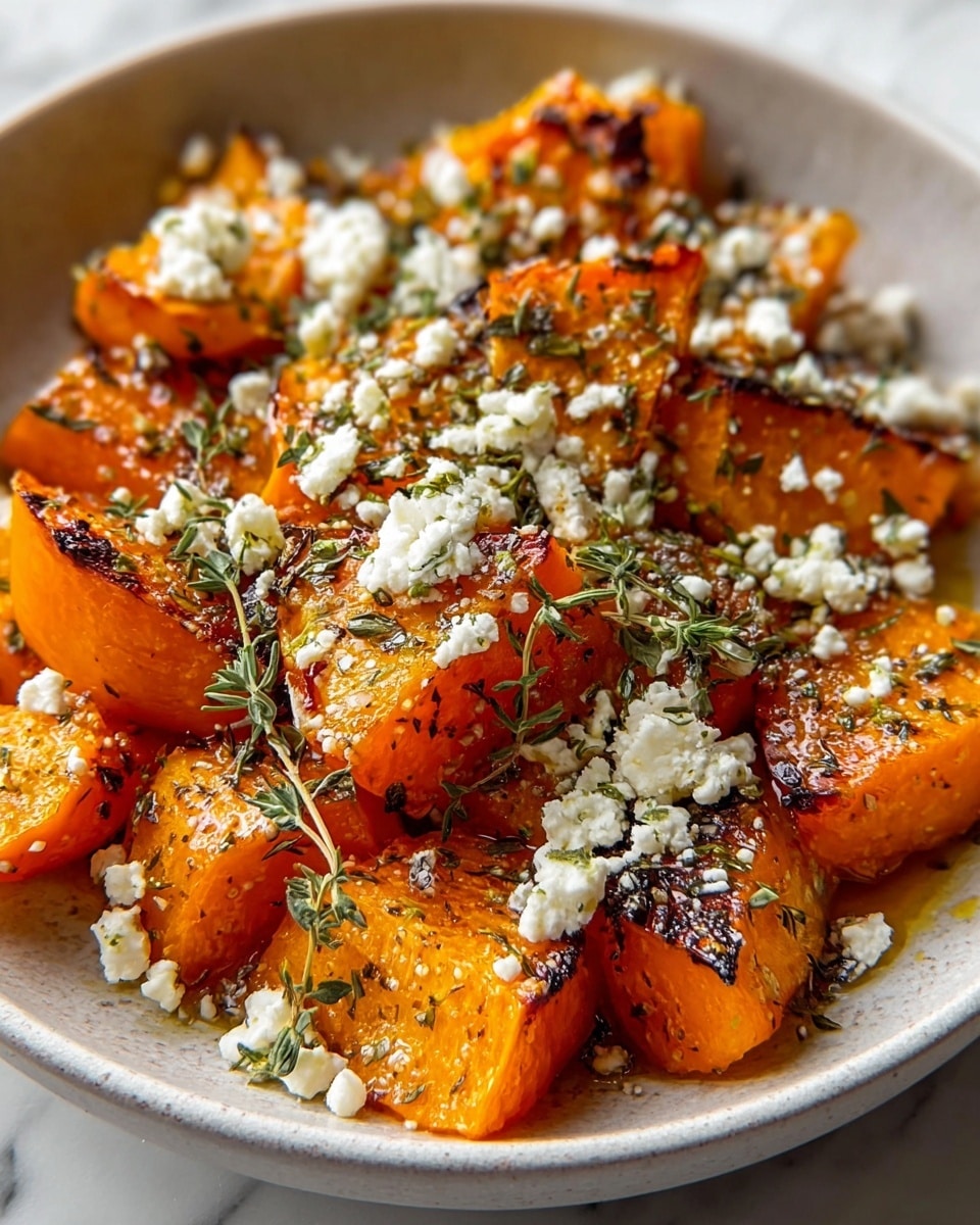 The image shows a white bowl filled with roasted orange pumpkin chunks that have a slightly charred texture and glazed look, layered with crumbled white cheese sprinkled on top. Green herb sprigs and small dried herb flakes are scattered across the pumpkin pieces, creating a contrast in color and texture. The pumpkin is arranged closely together, with the herbs adding a fresh touch on top. The bowl sits on a white marbled surface. photo taken with an iphone --ar 4:5 --v 7