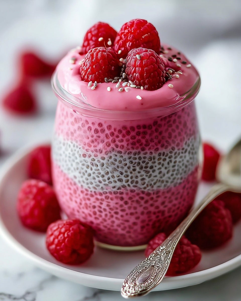 The image shows a clear glass jar filled with three layers: the bottom and middle layers are a pink chia seed pudding with visible black chia seeds evenly distributed, giving a textured look, and the top layer is a smooth pink cream. On top of the cream, there are small black and white chia seeds sprinkled, along with five bright red raspberries arranged on the surface. The jar sits on a white plate with a few raspberries scattered around and a silver ornate spoon resting on the plate’s edge. The background is a soft white marbled texture. photo taken with an iphone --ar 4:5 --v 7