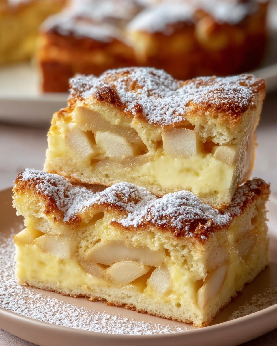 This close-up image showcases two slices of a delicious apple cake with a golden-brown crust dusted generously with powdered sugar. The cake layers reveal tender, juicy apple slices embedded in a creamy custard filling, all enveloped by a soft, fluffy cake base. The contrast between the lightly browned top and the creamy interior highlights the moist texture and rich flavors of this freshly baked dessert, beautifully presented on a light-colored plate. Photo taken with an iPhone --ar 4:5 --v 7