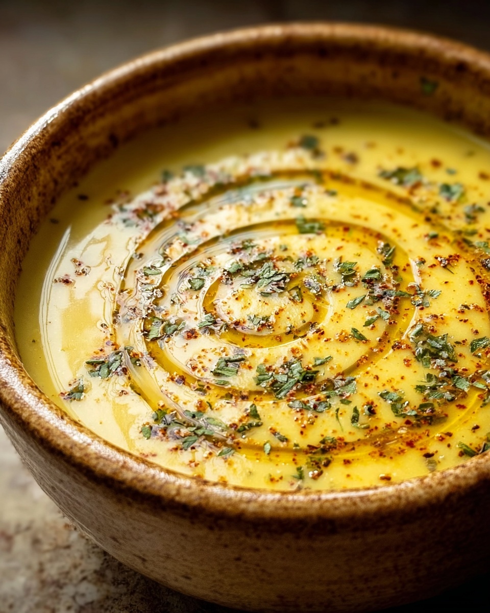 The image showcases a creamy, golden-yellow soup served in a rustic ceramic bowl. The soup appears smooth and rich, garnished with a generous drizzle of olive oil swirling on the surface. It's further enhanced by scattered herbs and a light sprinkling of spices, giving it a vibrant and appetizing appearance. The combination of colors and textures suggests a flavorful and comforting dish, perfect for a cozy meal. photo taken with an iPhone --ar 4:5 --v 7