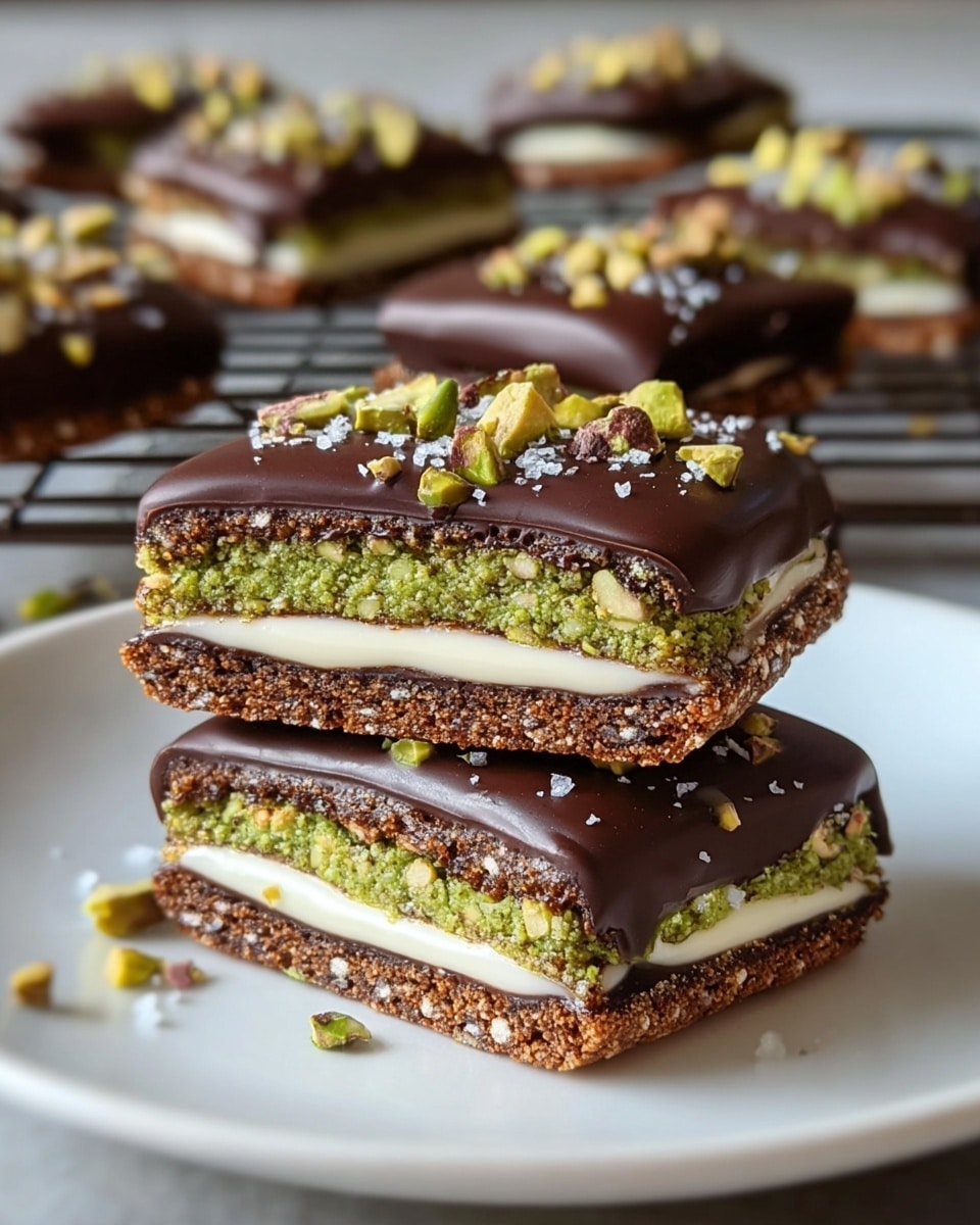 The image features a close-up of two rectangular chocolate-covered cookies stacked on a white plate. Each cookie has a crumbly base, a layer of creamy white filling, and a vibrant green pistachio layer, all topped with a smooth, dark chocolate coating adorned with chopped pistachios and a sprinkle of sea salt. In the background, more cookies of the same kind are cooling on a wire rack, slightly out of focus, highlighting the texture and layers of the front cookies. The combination of rich chocolate, crunchy pistachios, and creamy filling creates a visually tempting treat. photo taken with an iPhone --ar 4:5 --v 7