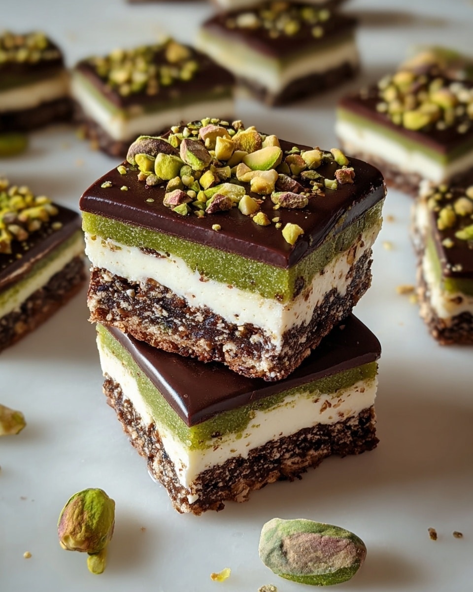 The image shows delicious square-shaped layered treats featuring a rich chocolate topping sprinkled with chopped pistachios. Inside, multiple layers are visible, including a green pistachio layer, a creamy white filling, and a dense, crumbly chocolate base. These decadent bites are artfully stacked, with a few pistachio pieces scattered around, highlighting their texture and vibrant colors. The presentation is clean and inviting, making these sweets look both elegant and appetizing. photo taken with an iPhone --ar 4:5 --v 7