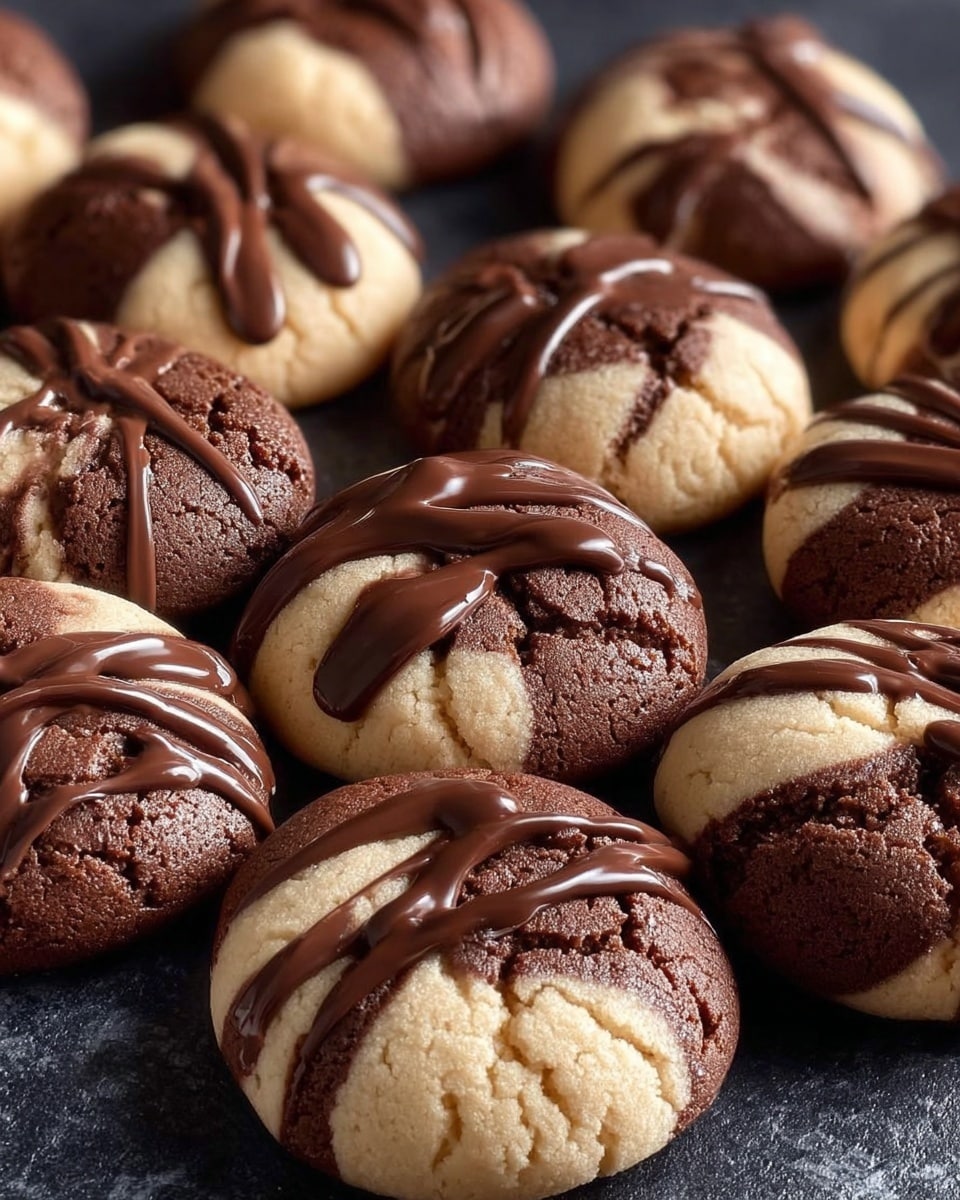 The image showcases a delightful assortment of marbled cookies, featuring a blend of chocolate and vanilla dough. Each cookie is generously drizzled with rich, glossy dark chocolate, creating an appealing contrast with the lighter vanilla sections. The cookies have a soft, slightly cracked texture, hinting at a tender bite. They are arranged closely together on a dark surface, emphasizing the luscious swirls and chocolate accents. This batch of cookies looks irresistibly fresh and perfect for satisfying a sweet craving. photo taken with an iPhone --ar 4:5 --v 7