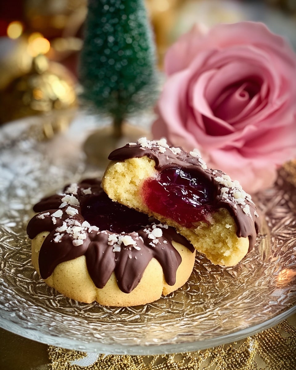 The image showcases a beautifully crafted jelly-filled cookie with a chocolate-dipped edge and sprinkled with small white almond or nut pieces. The cookie has a rich, inviting appearance with a glossy, deep red jelly center that contrasts with the light yellow dough and dark chocolate coating. It is presented on a textured glass plate, accompanied by a decorative pink rose and a festive background featuring a small green Christmas tree and golden accents, evoking a cozy and elegant holiday atmosphere. Photo taken with an iPhone --ar 4:5 --v 7