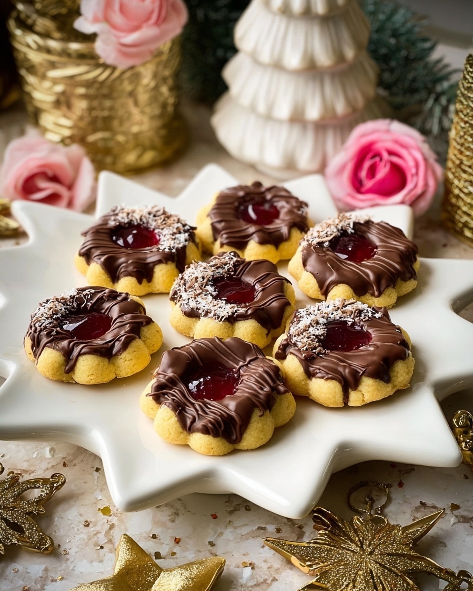 The image showcases a festive plate of cookies arranged on a white, star-shaped platter. Each cookie features a two-tone design with a chocolate-dipped yellow top and a chocolate base, filled with a glossy red jam in the center. The cookies are garnished with delicate white chocolate shavings and drizzles of dark chocolate, highlighting their intricate detail. The setting includes elegant holiday decorations such as a white ceramic tree, golden star ornaments, and small pink rose accents, creating a warm and inviting holiday atmosphere. Photo taken with an iPhone --ar 4:5 --v 7