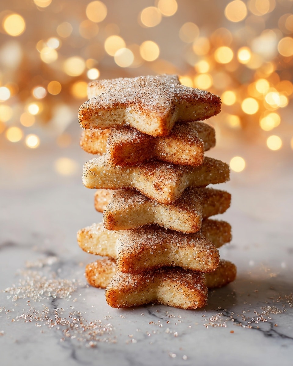 The image shows a stack of star-shaped cookies coated with a generous sprinkle of coarse sugar and cinnamon, giving them a sweet and slightly spiced appearance. The cookies have a golden-baked finish, suggesting a crisp texture on the outside while remaining soft on the inside. The blurred background is decorated with warm, soft bokeh lights, creating a cozy and festive ambiance. Some sugar crystals are scattered on the surface around the cookies, enhancing the overall inviting presentation. photo taken with an iPhone --ar 4:5 --v 7