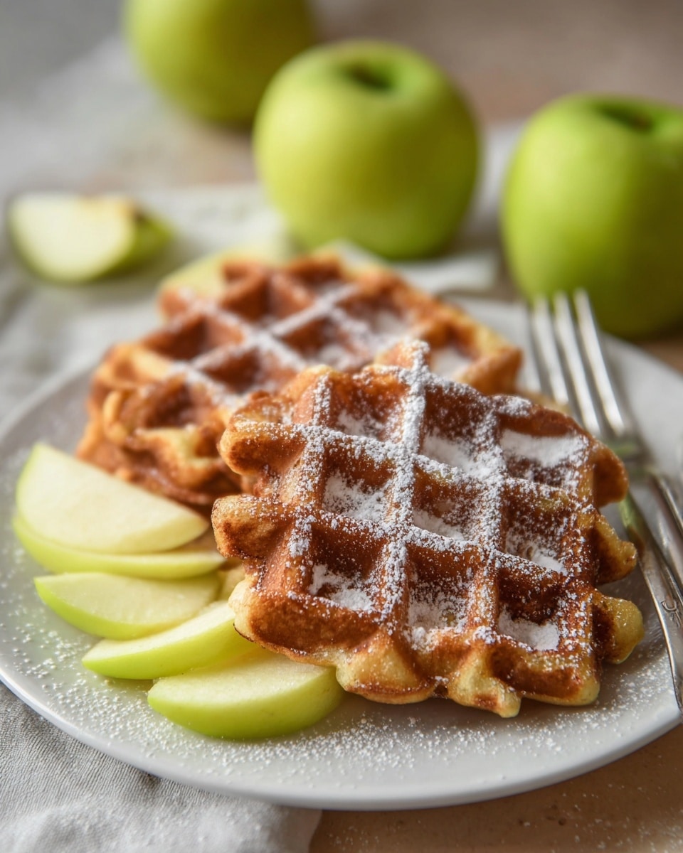 The image shows a close-up of two golden-brown waffles dusted with powdered sugar, served on a white plate with a few slices of fresh green apple. The waffles have a crisp texture and a slightly uneven, homemade appearance. In the background, whole green apples and apple slices add a fresh and vibrant touch to the composition. The setting includes a silver fork resting on the plate, and the scene is softly lit, highlighting the warm tones of the waffles and the freshness of the fruit. Photo taken with an iPhone --ar 4:5 --v 7