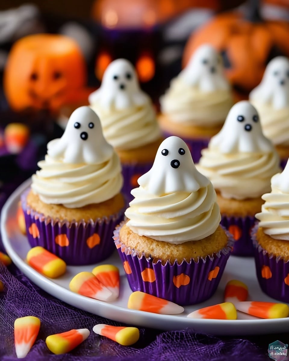 The image features a festive plate of Halloween-themed cupcakes decorated with white frosting shaped like little ghost figures, each with two small black eyes made from icing or candy. The cupcakes are in purple liners with orange polka dots, enhancing the Halloween vibe, and are surrounded by candy corn pieces and small pumpkin decorations. The background adds to the seasonal atmosphere with blurred festive elements, creating a fun and spooky presentation perfect for a Halloween celebration. photo taken with an iPhone --ar 4:5 --v 7