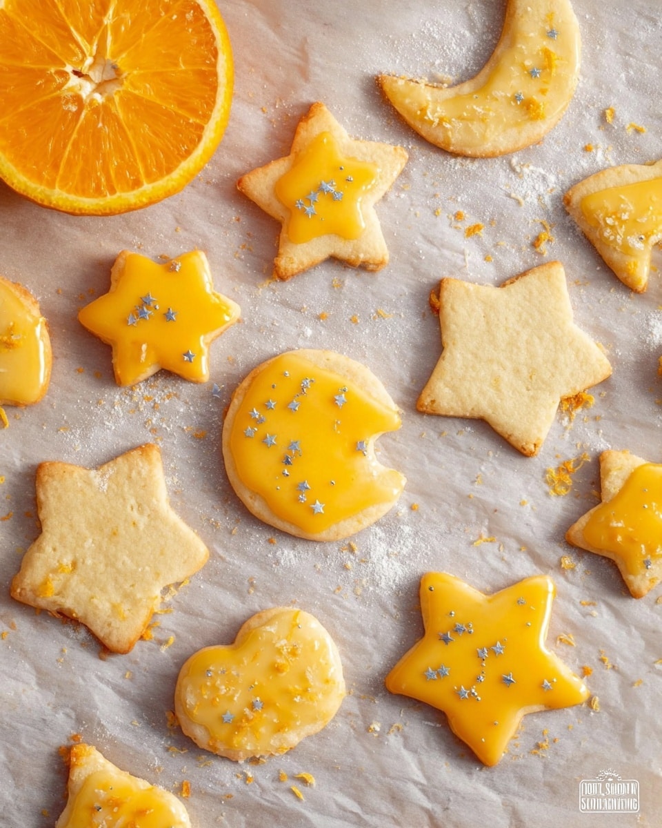The image shows a variety of freshly baked cookies in festive shapes such as stars, moons, and shooting stars. Some of the cookies are glazed with a shiny orange icing and decorated with small orange zest pieces and silver star sprinkles, giving them a bright and cheerful appearance. The cookies are laid out on a sheet of parchment paper, accompanied by a halved orange, suggesting a citrus flavor theme. The light background and dusting of flour add a warm, homemade feel to the scene. Photo taken with an iPhone --ar 4:5 --v 7