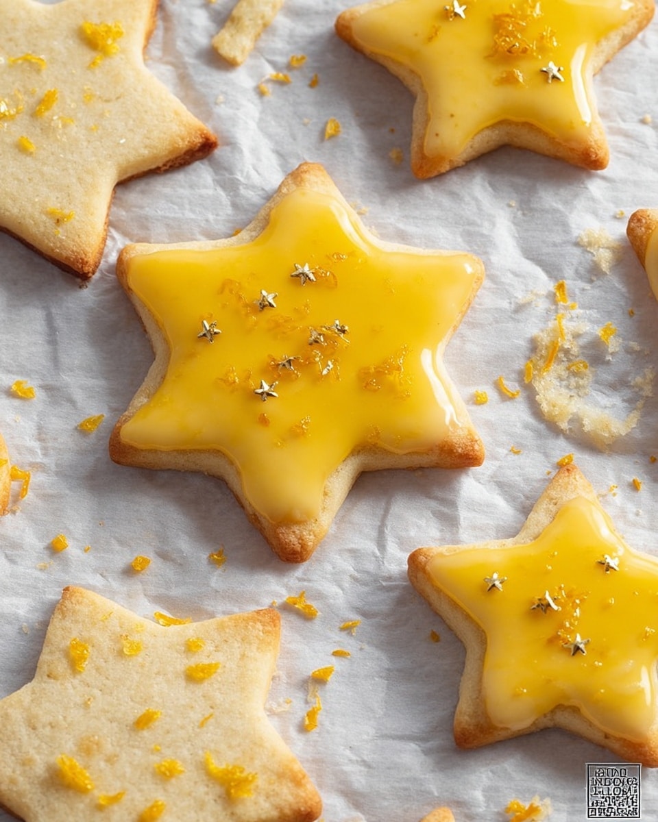 The image shows a close-up view of star-shaped cookies on a piece of white parchment paper. Some cookies are plain, while others are coated with a glossy yellow icing, likely citrus-flavored, and sprinkled with small orange zest pieces or tiny golden star-shaped decorations. The cookies appear slightly golden brown around the edges, indicating they are freshly baked and crisp. The layout is casual, with crumbs and decorating elements scattered around, giving a homemade and festive feel to the scene. photo taken with an iPhone --ar 4:5 --v 7