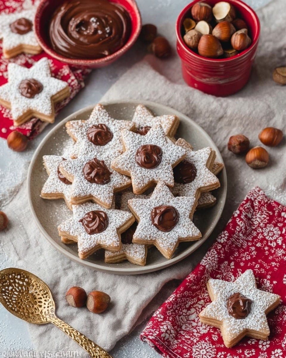The image shows an inviting spread of star-shaped cookies, some dusted generously with powdered sugar and others adorned with a dollop of rich chocolate spread. The cookies are arranged on a light-colored cloth, with a small bowl filled with additional cookies at the center. Surrounding the bowl are a few scattered hazelnuts and a red cup brimming with more hazelnuts, adding a rustic touch to the setting. A gold ornate spoon and a vintage-style red cloth with white patterns complete the cozy and festive presentation. photo taken with an iPhone --ar 4:5 --v 7