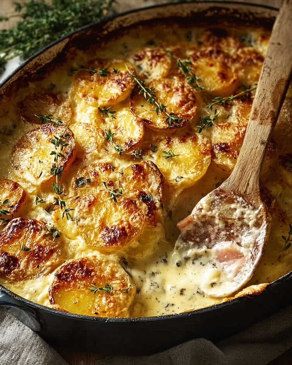 The image shows a deliciously creamy potato gratin in a rustic baking dish, featuring golden-brown, crispy slices of potato on top. The dish is garnished with fresh sprigs of herbs, likely thyme, adding a touch of green contrast to the rich and cheesy sauce that envelops the tender potatoes beneath the crust. A wooden spoon is partially submerged in the gratin, ready to serve the indulgent layers of creamy goodness. The scene is cozy and inviting, with a hint of natural light enhancing the texture and colors of the baked dish. photo taken with an iPhone --ar 4:5 --v 7