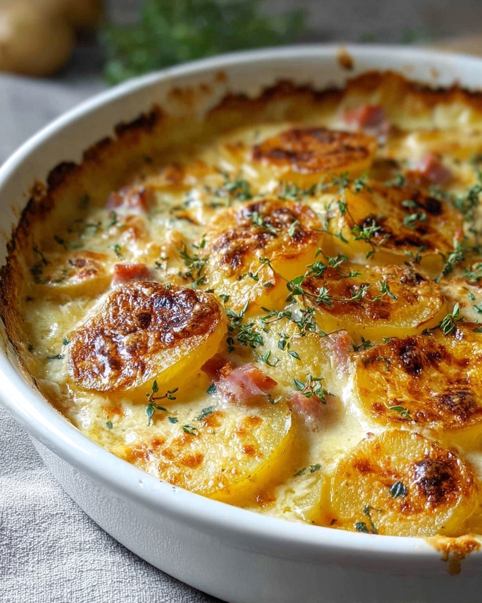 This image shows a delicious potato gratin beautifully baked to a golden brown with crispy edges, nestled in a white ceramic baking dish. The potatoes are sliced and layered with a creamy, cheesy sauce, garnished with fresh herbs for added flavor and visual appeal. Small pieces of ham or bacon are visible, contributing a savory richness to the dish. The gratin looks creamy and indulgent, perfect for a comforting meal. Photo taken with an iPhone --ar 4:5 --v 7