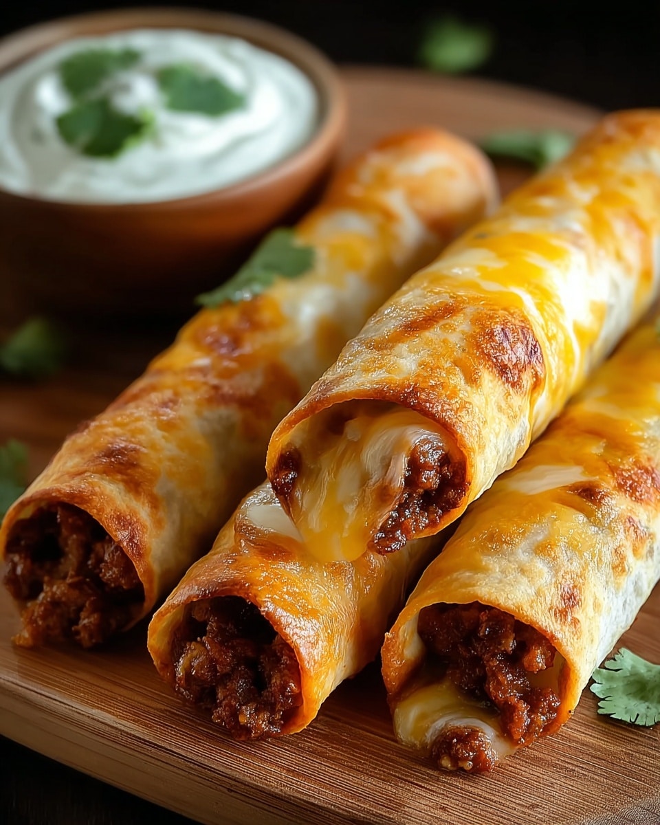 The image showcases a close-up of four golden-brown, cheesy beef taquitos arranged on a wooden surface. The taquitos are filled with seasoned ground beef and beans, with melted cheese oozing over the edges. In the background, there is a small bowl of creamy dip garnished with fresh cilantro, adding a touch of green to the warm-toned composition. The vibrant colors and texture details make the dish look appetizing and ready to be enjoyed. photo taken with an iPhone --ar 4:5 --v 7