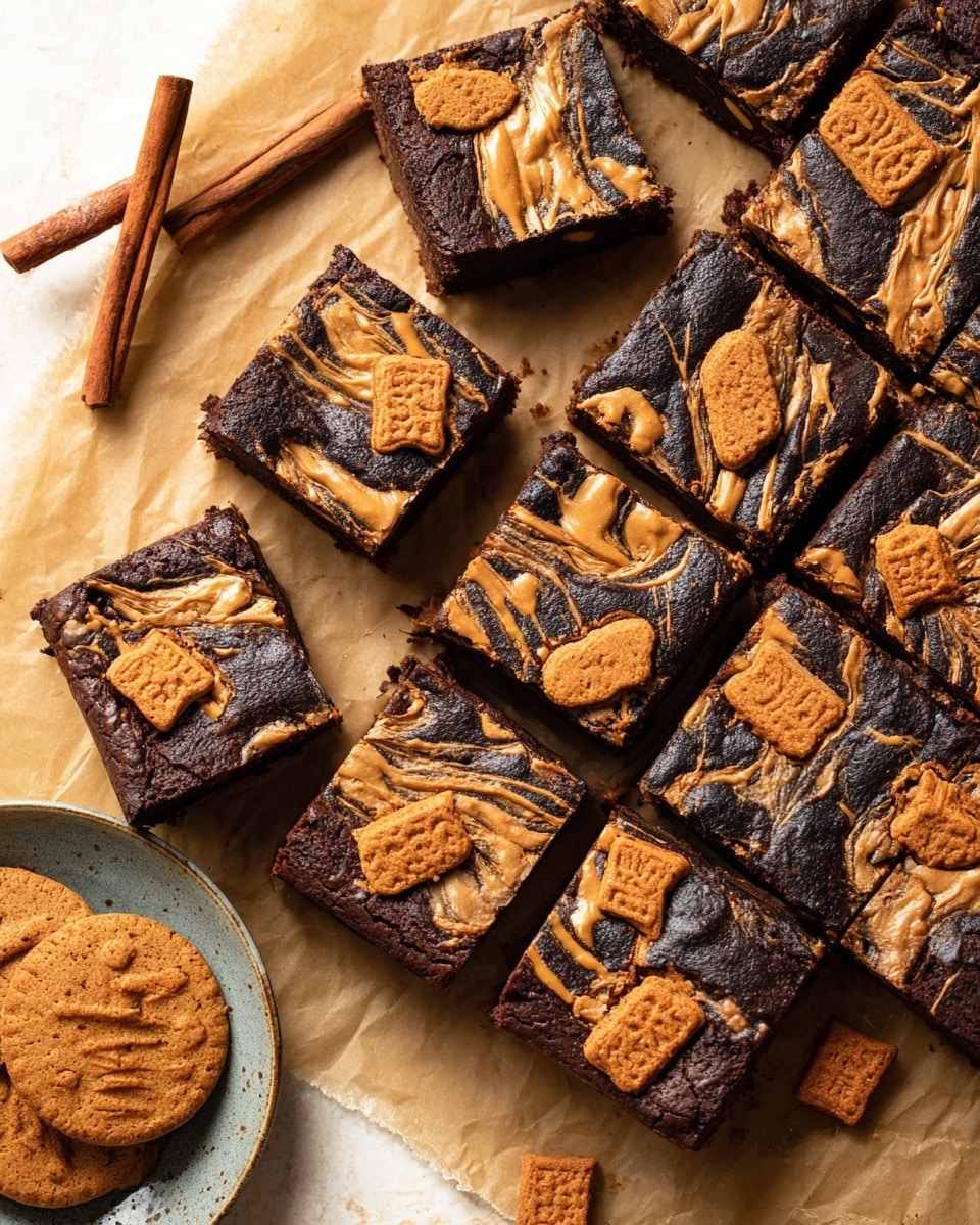 The image shows a batch of rich, fudgy chocolate brownies topped with swirls of peanut butter and adorned with pieces of cinnamon-flavored Biscoff cookies. The brownies are cut into neat, square portions and placed on a parchment-lined surface, with a couple of cinnamon sticks nearby, enhancing the cozy, warm vibe of the treat. In the corner, a small plate holds additional Biscoff cookies, hinting at the key ingredient that complements the chocolate and peanut butter flavors. The combination creates an inviting dessert with a perfect balance of textures and spices. photo taken with an iPhone --ar 4:5 --v 7