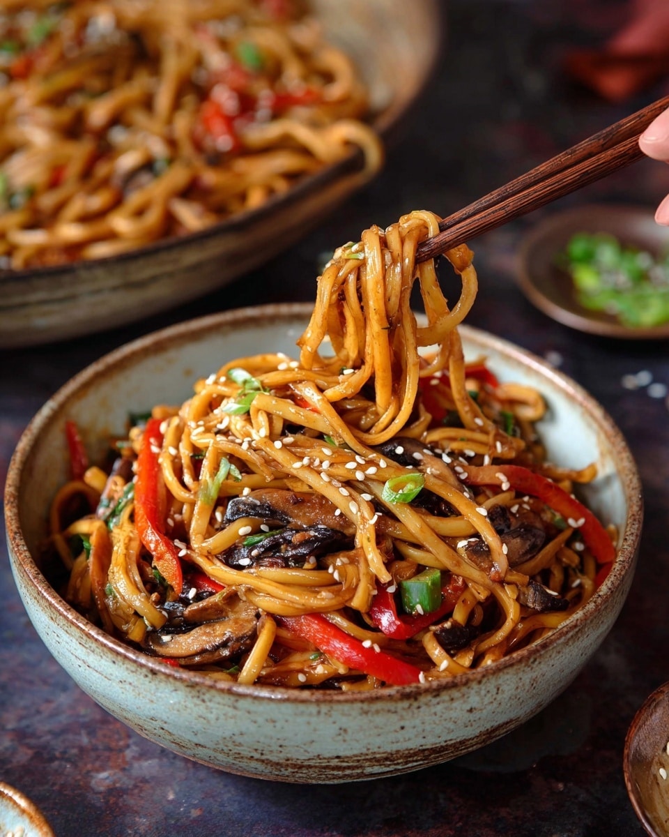The image showcases a bowl of delicious-looking Asian-style noodles, stir-fried with a variety of vegetables including red bell peppers, green onions, and mushrooms. The noodles are coated in a glossy, savory sauce and sprinkled with sesame seeds, enhancing their rich flavor and appealing texture. A pair of chopsticks is seen lifting a portion of the noodles, emphasizing the inviting and hearty meal. The bowl's rustic design complements the vibrant colors of the dish, making it visually appetizing. In the background, more noodles are visible in a larger serving bowl, suggesting a shared meal setting. Photo taken with an iPhone --ar 4:5 --v 7