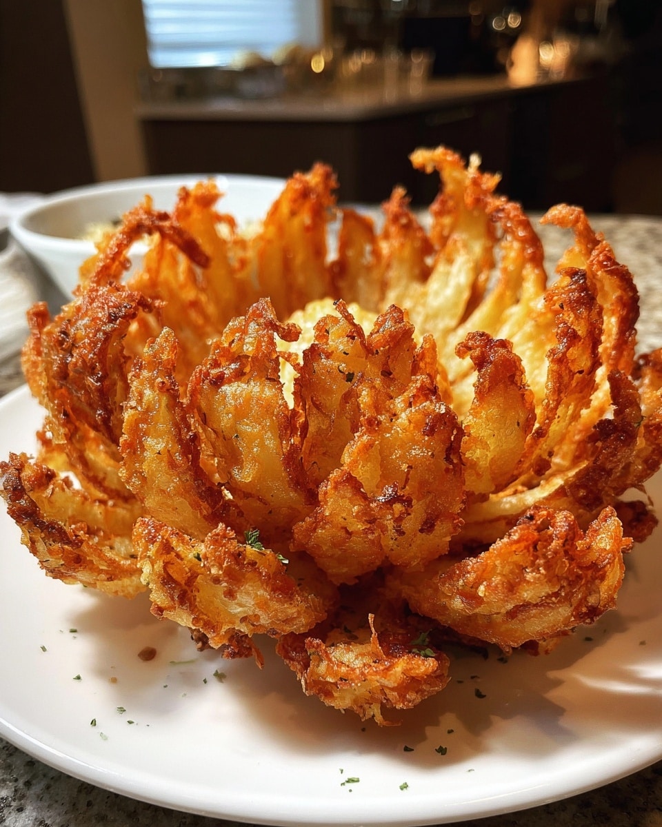 The image shows a beautifully golden and crispy blooming onion served on a white plate. The onion petals are perfectly fried, creating a crunchy texture with a rich, appetizing color that highlights the deep-fried batter coating. The background is softly blurred, drawing attention to the visually appealing and savory appetizer. Photo taken with an iPhone --ar 4:5 --v 7