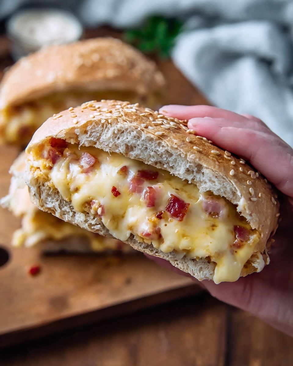 The image features a close-up of a hand holding a freshly baked sandwich stuffed with melted cheese and small diced pieces of ham or bacon, all wrapped in a soft, sesame-seed-topped bun. The sandwich appears warm and gooey, with the cheese stretching slightly as the sandwich is held, suggesting a savory and satisfying bite. In the background, a wooden board with another sandwich half adds a rustic touch to the composition. The focus on the sandwich and the natural lighting highlight the texture and freshness of the ingredients. photo taken with an iPhone --ar 4:5 --v 7