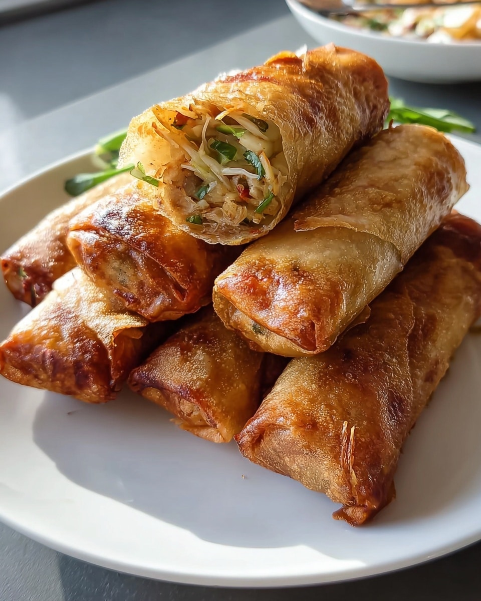 The image shows a plate of golden-brown spring rolls, perfectly crispy on the outside with a glimpse of a savory filling inside, likely consisting of shredded vegetables and possibly meat, seasoned with herbs. The spring rolls are neatly stacked on a white plate, and the natural light highlights the crunchy texture of the outer layer, making them look freshly fried and appetizing. photo taken with an iPhone --ar 4:5 --v 7