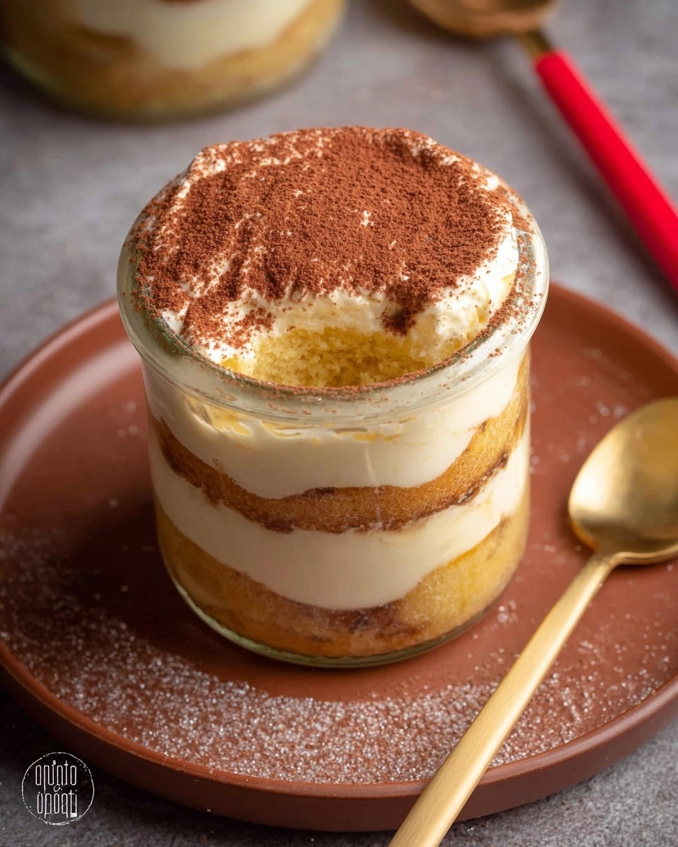 This image shows a delicious layered dessert served in a glass jar. The dessert consists of alternating layers of creamy filling and a spongy, golden cake-like component, topped generously with a dusting of cinnamon or cocoa powder. The texture looks rich and smooth, with a bite taken out of the top layer, revealing the soft and airy filling inside. The jar is placed on a brown plate with a sprinkle of sugar or cinnamon around it, accompanied by a gold spoon and a red utensil handle visible in the background, creating an inviting and cozy presentation. Photo taken with an iPhone --ar 4:5 --v 7