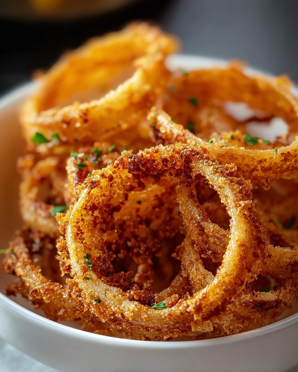 The image features a close-up of golden-brown, crispy onion rings served in a white bowl. The onion rings have a perfectly crunchy texture with a slightly coarse, seasoned coating that glistens enticingly. Flecks of green herbs are sprinkled on top, adding a touch of color contrast and hinting at a fresh flavor. The focus on the front onion rings highlights their delicious, well-fried appearance, suggesting they would be a satisfying snack or side dish. Photo taken with an iPhone --ar 4:5 --v 7
