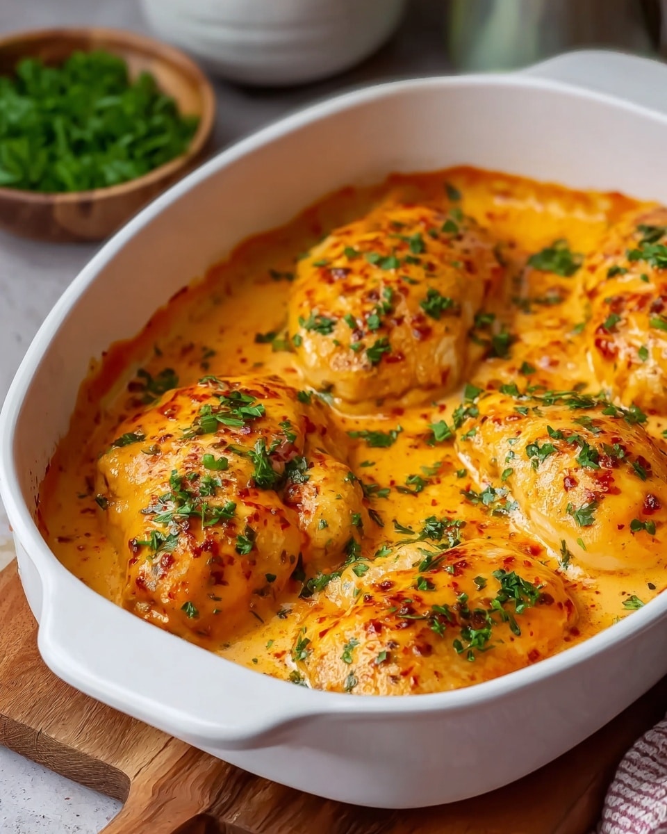 This image showcases a delicious baked dish featuring six pieces of chicken breasts covered in a rich, creamy, and slightly spicy orange sauce. The chicken is perfectly cooked and topped with finely chopped fresh herbs, likely parsley, adding a touch of color and freshness to the dish. The sauce looks thick and luscious, coating each piece evenly, suggesting a flavorful and comforting meal. The baking dish is white, contrasting nicely with the vibrant hues of the sauce and herbs. In the background, part of a wooden cutting board and a bowl of green herbs can be seen, enhancing the overall presentation. Photo taken with an iPhone --ar 4:5 --v 7