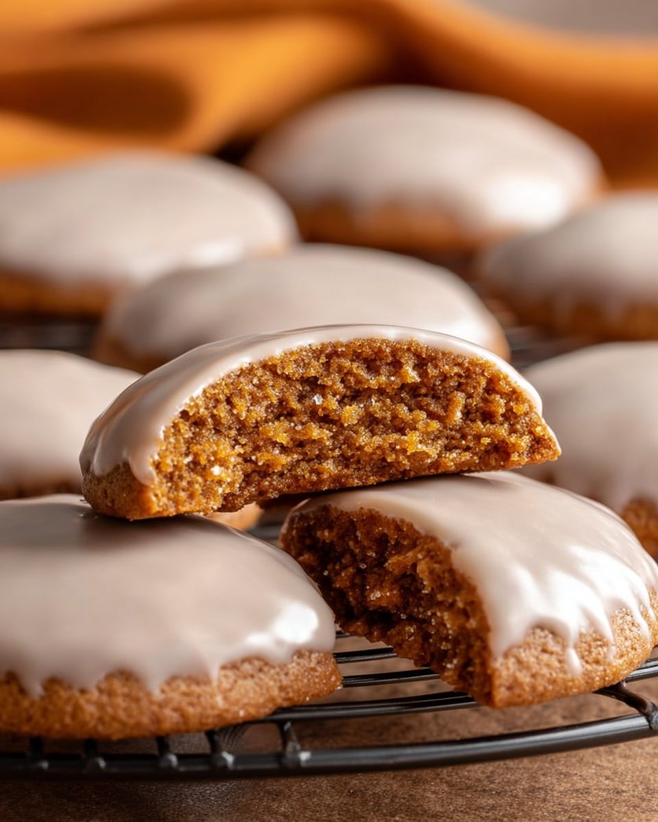 The image shows a close-up of several gingerbread cookies coated with a smooth, glossy layer of icing. One cookie is broken in half, revealing its moist, dense interior with a rich, spiced texture. The cookies are arranged on a cooling rack, and the warm tones of the background fabric complement the golden-brown hues of the gingerbread. The overall presentation highlights the inviting softness and sweetness of the holiday treat. photo taken with an iPhone --ar 4:5 --v 7