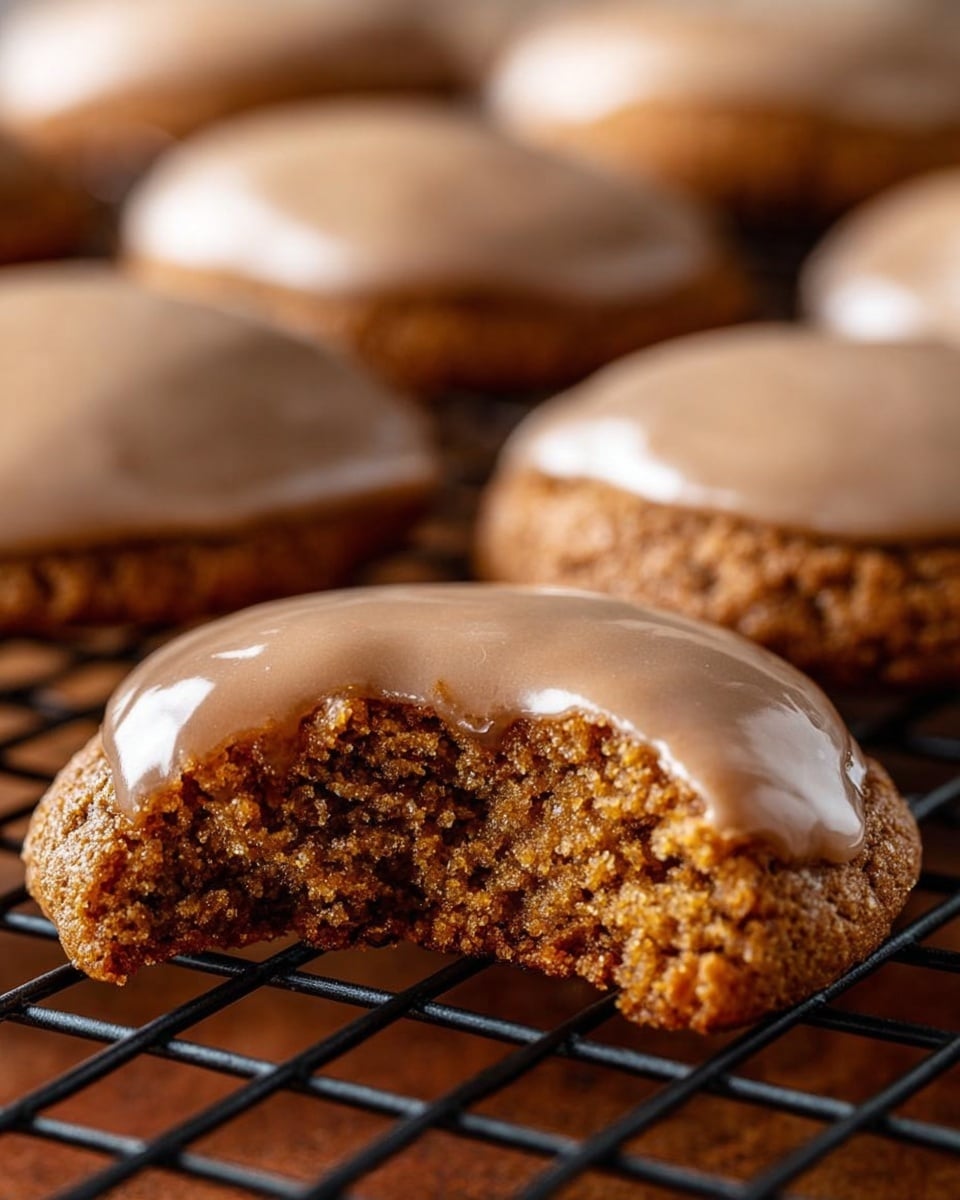 The image shows several ginger molasses cookies cooling on a wire rack, each topped with a smooth, shiny glaze. The cookie in the foreground has a bite taken out of it, revealing a soft, moist, and chewy interior with rich brown tones indicating the presence of molasses and spices. The glaze adds a glossy finish, enhancing the overall appeal and suggesting a sweet contrast to the spiced cookie base. The warm lighting highlights the textures, making the cookies look freshly baked and inviting. photo taken with an iPhone --ar 4:5 --v 7