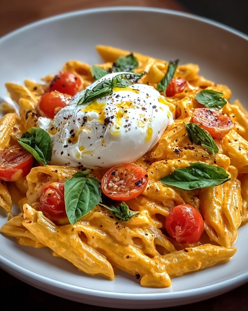 This dish features penne pasta coated in a creamy, orange-hued sauce, garnished with halved cherry tomatoes and fresh basil leaves. A generous dollop of soft, white cheese, likely burrata or ricotta, sits atop the pasta, drizzled with olive oil and sprinkled with cracked black pepper, adding a rich and fresh contrast to the vibrant ingredients. The presentation on a simple white plate highlights the colorful and appetizing nature of this dish. photo taken with an iPhone --ar 4:5 --v 7