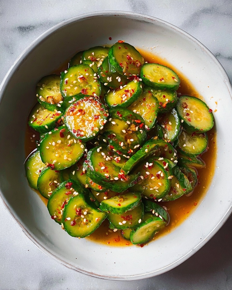 A white bowl holds many thin cucumber slices, bright green with a glossy look, soaking in a reddish-brown sauce that has some oil shine. The cucumbers are topped with white sesame seeds and small red chili flakes, adding texture and color contrast. In front, a pair of light brown chopsticks hold two cucumber slices, showing the seed pattern and the seasoning on top. The background shows more cucumber slices in the sauce, all inside the white bowl resting on a white marbled surface. photo taken with an iphone --ar 4:5 --v 7