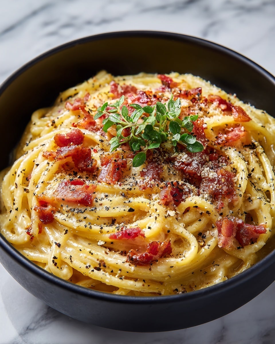 A close-up of a black bowl filled with creamy spaghetti pasta layered with a smooth yellow sauce, topped with crispy red-brown bacon pieces scattered across the top. The pasta is sprinkled with black pepper and finely grated white cheese, garnished with a small sprig of green herbs in the center. The bowl sits on a white marbled surface. photo taken with an iphone --ar 4:5 --v 7