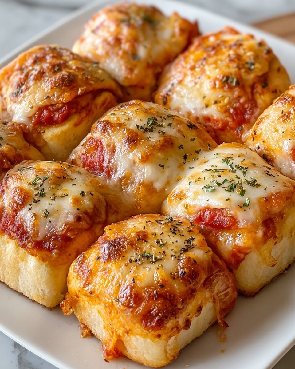 The image shows a white square plate filled with nine small baked pizza rolls arranged in a tight grid. Each roll has three visible layers: a light golden-brown soft dough base, a layer of bright red tomato sauce in the middle peeking slightly at the edges, and a melted cheese layer on top, which is golden and bubbly with small browned spots. Some rolls have green herb flakes and black pepper sprinkled lightly over the cheese. The textures show the cheese as smooth and slightly stretchy, the dough as fluffy and slightly crisp, and the tomato sauce as thick and moist. The plate sits on a white marbled surface. photo taken with an iphone --ar 4:5 --v 7