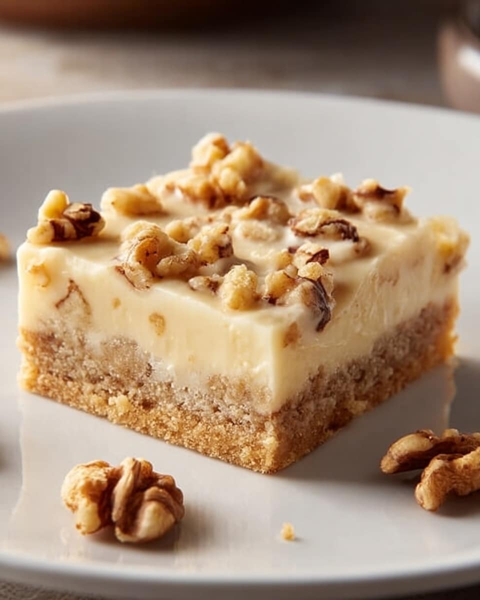 The image shows a delicious-looking dessert bar with a crumbly, golden-brown base topped with a smooth, creamy layer. The creamy topping appears to be custard or frosting, generously studded with crunchy walnut pieces that add texture and flavor. The dessert is neatly plated on a white dish, highlighting the contrast between the rich topping and the sturdy base. A few walnuts are scattered around the plate, enhancing the rustic yet elegant presentation. Photo taken with an iPhone --ar 4:5 --v 7