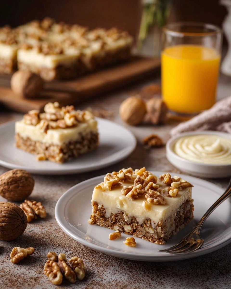The image shows delicious walnut bars served on white plates, featuring a soft, nutty base topped with a creamy layer and sprinkled generously with walnut pieces. The setting includes fresh walnuts scattered around, a glass of orange juice, and a small bowl of creamy dip, all placed on a rustic tabletop that adds warmth to the scene. The walnut bars appear moist and inviting, with the creamy topping contrasting nicely with the textured nuts for a delightful treat. photo taken with an iPhone --ar 4:5 --v 7