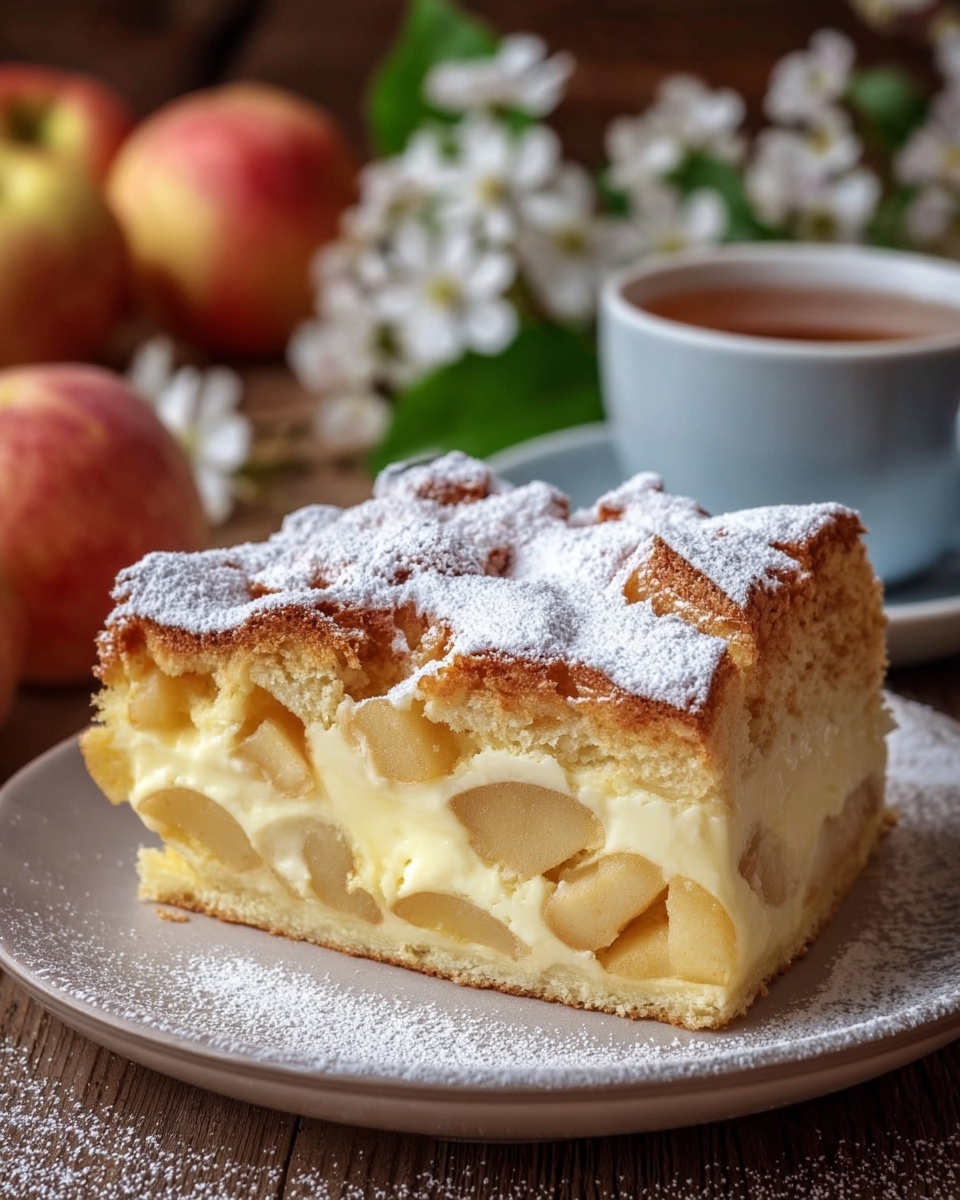 This image features a slice of homemade apple cake with a creamy custard filling, topped with a dusting of powdered sugar. The cake looks soft and moist, with visible chunks of tender apples embedded within the layers. In the background, whole apples and delicate white flowers add a rustic and inviting touch, complemented by a cup of tea or coffee on the side, suggesting a cozy and comforting dessert experience. Photo taken with an iPhone --ar 4:5 --v 7