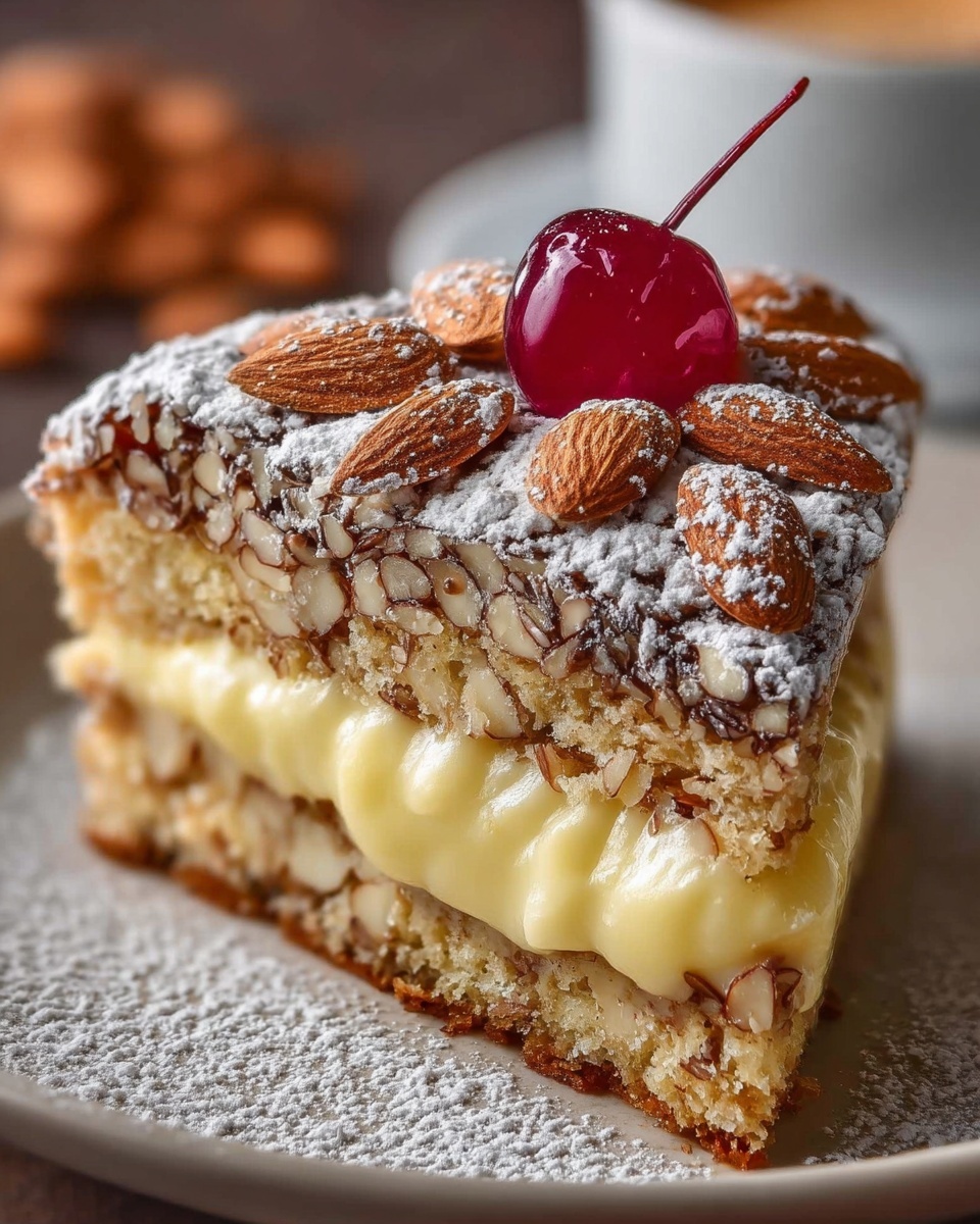 This close-up image features a slice of layered almond cake filled with a rich and creamy custard. The top of the cake is adorned with whole almonds and a decorative cherry, adding texture and color contrast to the light dusting of powdered sugar that covers the surface. The cake layers appear moist and nutty, complemented by the smooth, luscious filling, making it an inviting and indulgent dessert. A blurred cup in the background suggests a perfect pairing with coffee or tea. photo taken with an iPhone --ar 4:5 --v 7