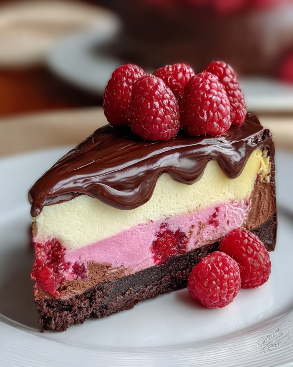 The image shows a decadent slice of layered cheesecake featuring a rich chocolate crust and a smooth, creamy white layer above a vibrant pink raspberry layer embedded with whole raspberries. The top is covered with a glossy chocolate ganache, adorned with fresh raspberries for a burst of color and freshness, creating an inviting and indulgent dessert presentation. Photo taken with an iPhone --ar 4:5 --v 7