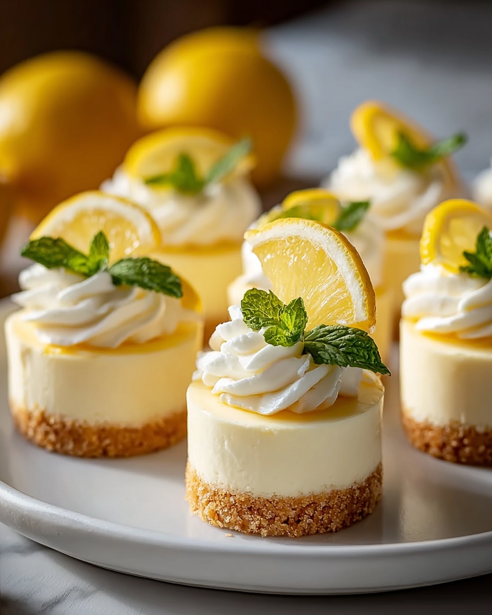 The image shows a plate of elegant mini lemon cheesecakes, each topped with a swirl of whipped cream, a thin lemon slice, and a fresh mint leaf. The cheesecakes have a smooth, creamy texture with a golden crumbly base, and the bright yellow lemons in the background enhance the fresh, citrusy appeal. The soft natural lighting highlights the glossy lemon slices and the delicate details of the whipped cream, making the desserts look incredibly inviting and perfect for a light, refreshing treat. photo taken with an iPhone --ar 4:5 --v 7