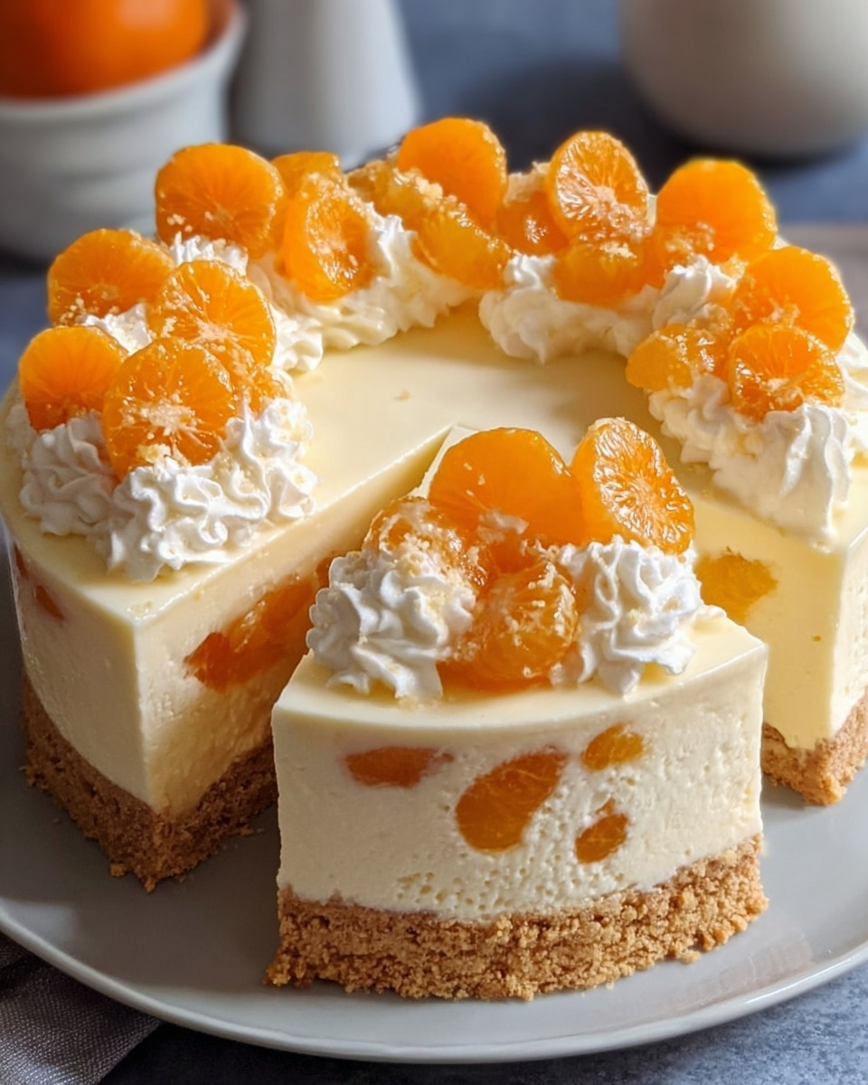 This image features a creamy cheesecake adorned with bright orange mandarin slices and dollops of whipped cream on top. The cheesecake has a smooth texture with chunks of mandarin incorporated throughout, sitting atop a golden-brown, crumbly graham cracker crust. A slice has been cut, revealing the rich and fluffy interior, perfect for a delightful dessert. The presentation is visually appealing with a fresh and inviting look. photo taken with an iPhone --ar 4:5 --v 7