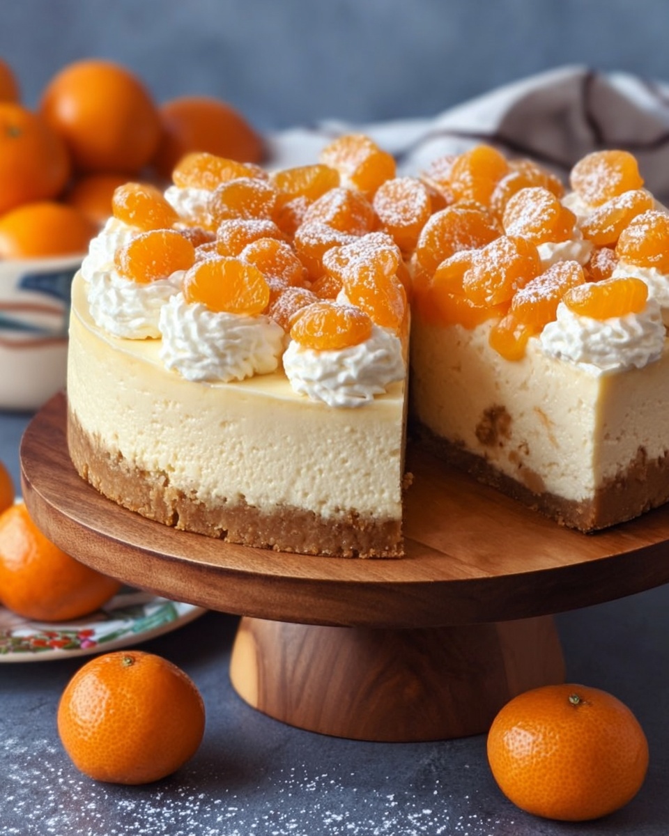 This image showcases a creamy cheesecake with a golden brown crust, topped generously with dollops of whipped cream and vibrant orange mandarin segments, lightly dusted with powdered sugar. The cake slice cut out reveals the smooth and dense texture of the cheesecake, inviting a taste of its rich and tangy flavors. It is beautifully presented on a wooden cake stand, with additional whole mandarins placed around, enhancing the fresh and zesty appeal of the dessert. photo taken with an iPhone --ar 4:5 --v 7