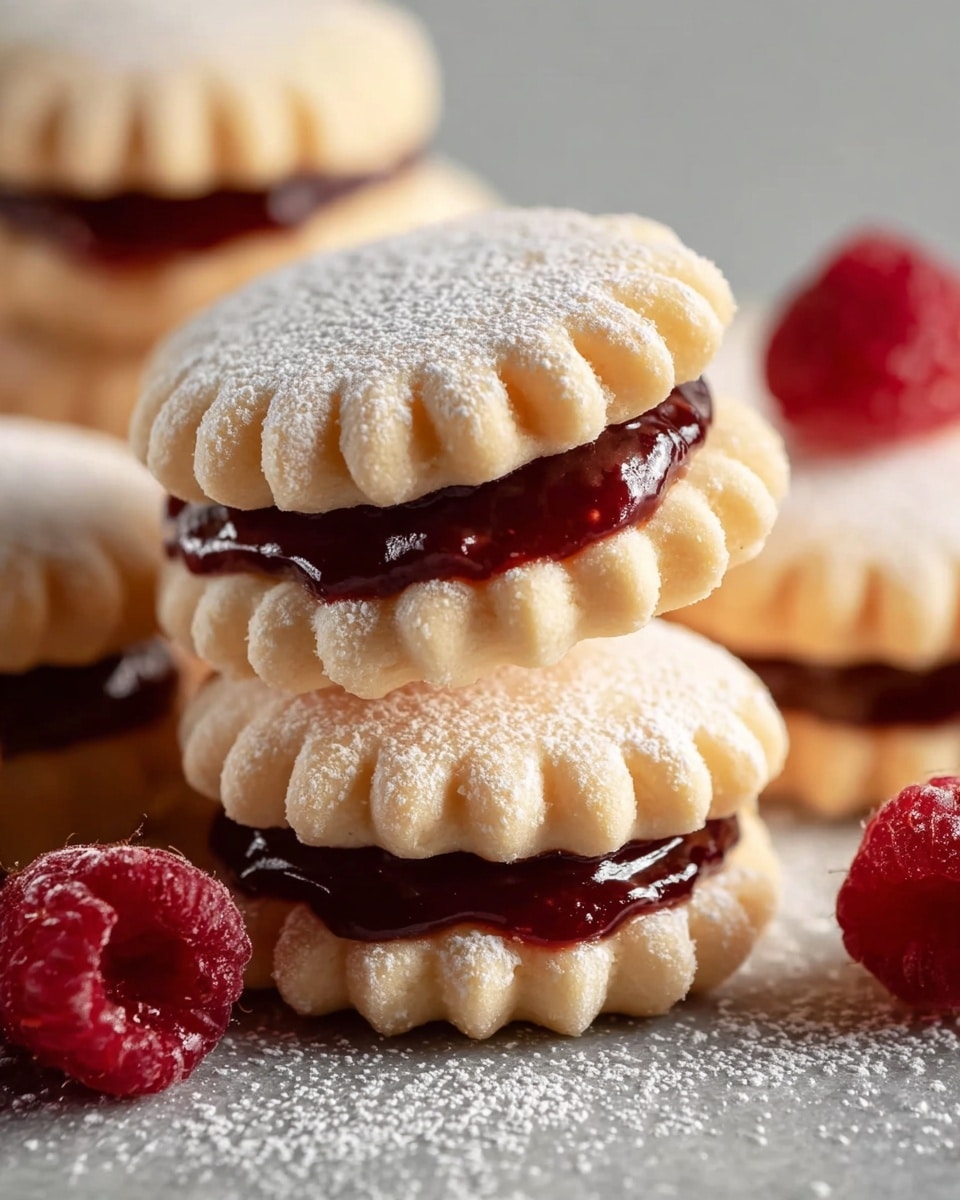 The image shows a close-up of delicate sandwich cookies with a scalloped edge, filled with a rich, glossy raspberry jam. The cookies are dusted with a light coating of powdered sugar, enhancing their soft, buttery texture. A few fresh raspberries are visible nearby, adding a fresh and vibrant touch to the composition. The overall presentation is elegant and inviting, capturing the sweet and slightly tart flavor of this classic treat. photo taken with an iPhone --ar 4:5 --v 7