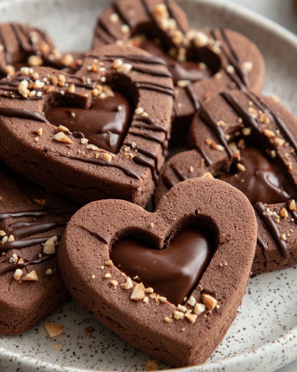 The image features heart-shaped chocolate cookies neatly arranged on a speckled ceramic plate. Each cookie has a cutout heart in the center filled with smooth melted chocolate, giving a glossy contrast to the matte cookie surface. The cookies are further decorated with delicate drizzles of dark chocolate and sprinkled with small chopped nuts, adding texture and a touch of elegance to the presentation. The warm tones and close-up focus highlight the rich, inviting details of these homemade treats. photo taken with an iPhone --ar 4:5 --v 7
