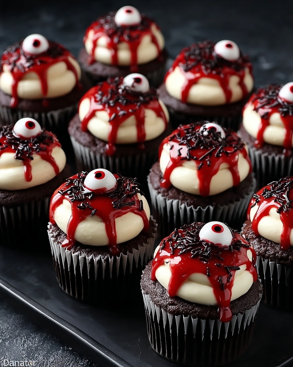 This image shows a batch of spooky Halloween-themed chocolate cupcakes arranged neatly on a black tray. Each cupcake is topped with creamy white frosting, a generous drizzle of red sauce that resembles dripping blood, and black sprinkles for added texture. Some cupcakes are decorated with realistic edible eyeballs, enhancing their eerie and festive appearance, making them perfect treats for a Halloween party. The contrast of dark chocolate, creamy frosting, and vibrant red topping creates a visually striking and delicious looking presentation. photo taken with an iPhone --ar 4:5 --v 7