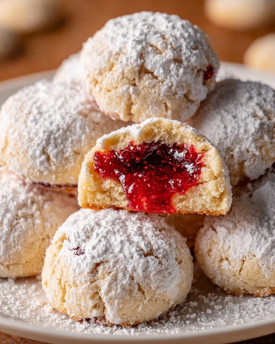 The image features a plate piled with soft, powdered sugar-coated cookies, one of which is broken open to reveal a rich, vibrant red jam filling inside. The cookies have a delicate, crumbly texture, and the powdered sugar dusting adds a sweet visual contrast to the golden-baked exterior. The red jam center looks luscious and glossy, suggesting a tangy sweetness that complements the buttery cookie. This inviting arrangement highlights the combination of soft cookie and fruity filling, making the treat appear both festive and comforting. photo taken with an iPhone --ar 4:5 --v 7