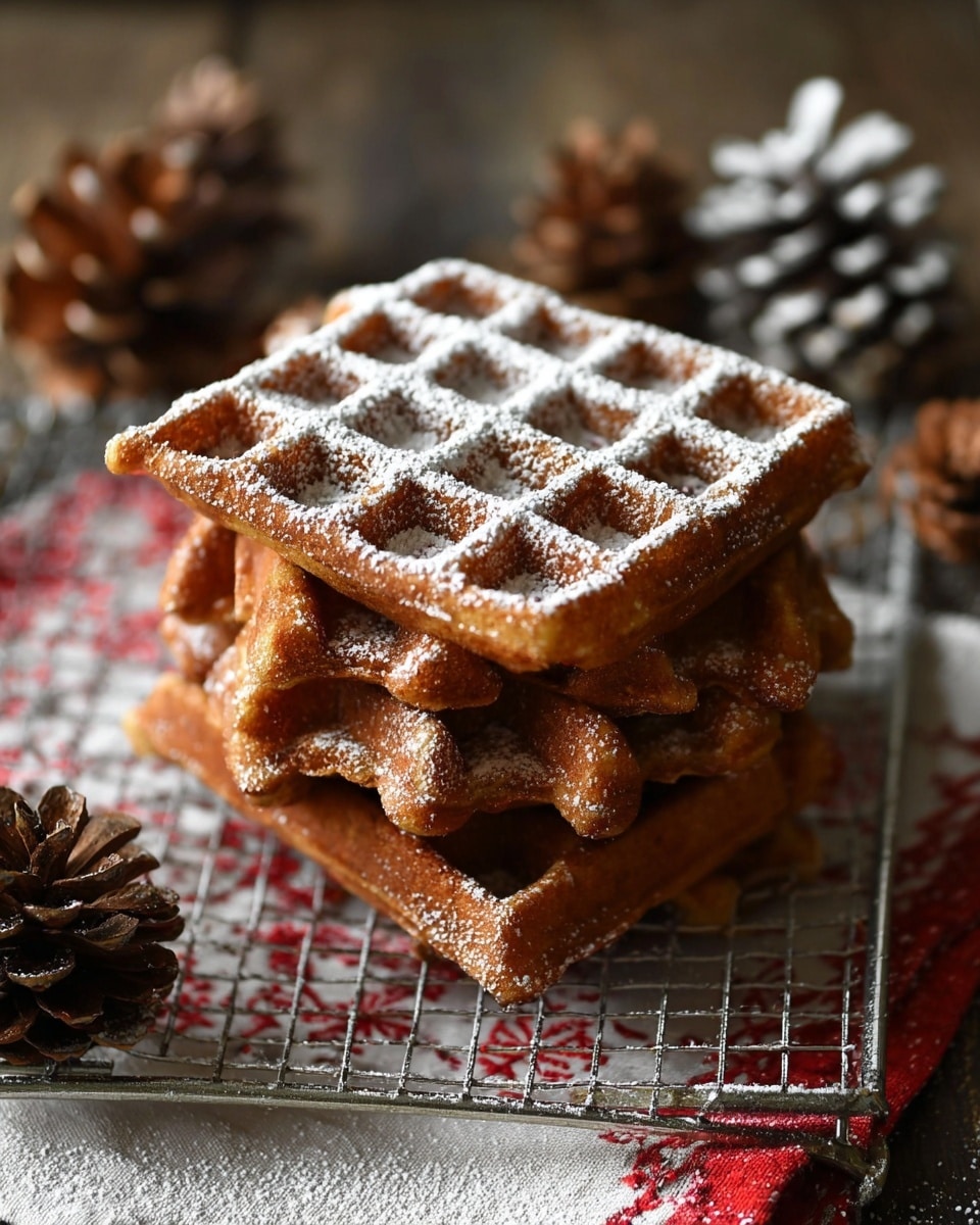 The image showcases a stack of golden-brown waffles dusted with powdered sugar, arranged neatly on a wire cooling rack. The waffles have a perfectly crisp texture with deep, square indentations that catch the light, highlighting their warmth and freshness. The setup includes a rustic cloth with red patterns beneath the rack and scattered pinecones around the scene, giving the image a cozy, autumnal or winter feel. The background is softly blurred, keeping the focus on the appetizing waffles. photo taken with an iPhone --ar 4:5 --v 7