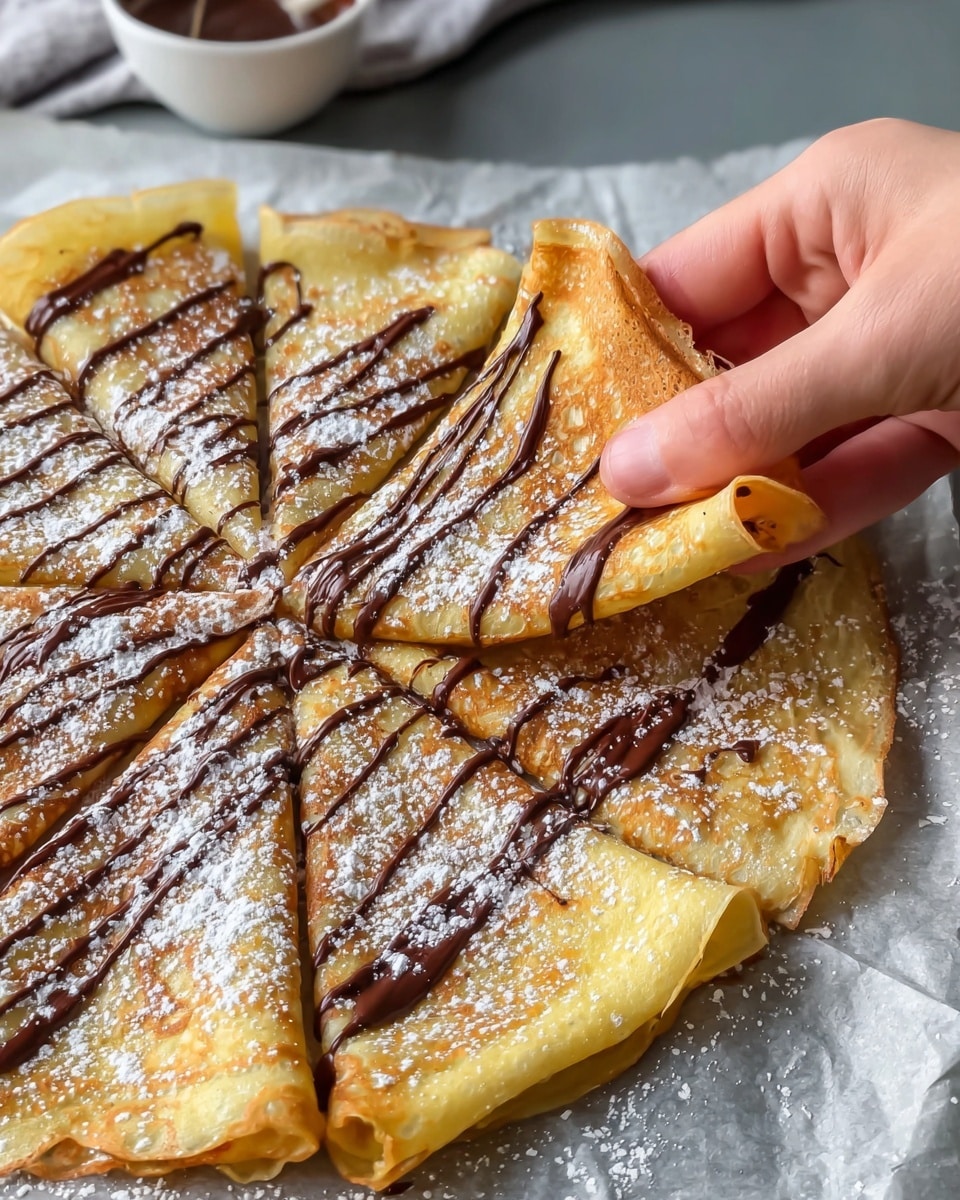 The image shows a delicious crepe cut into triangular slices, elegantly drizzled with chocolate sauce and dusted with powdered sugar. A hand is gently lifting one slice, revealing the crepe’s soft and thin texture. The crepe is placed on parchment paper, highlighting its golden-brown color and inviting appearance, making it an enticing treat perfect for dessert or a sweet snack. Photo taken with an iPhone --ar 4:5 --v 7