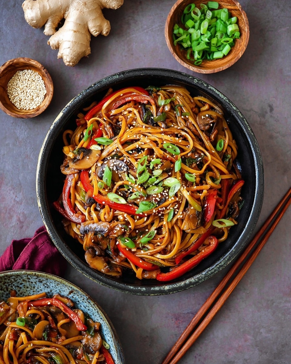 The image showcases a vibrant bowl of stir-fried noodles mixed with a variety of colorful vegetables, including red bell peppers and mushrooms. The noodles are coated in a rich, savory sauce and garnished with fresh chopped green onions and sprinkle of sesame seeds. On the side, there are small wooden bowls containing extra green onions and sesame seeds, along with a piece of fresh ginger root, enhancing the overall aesthetic and hinting at the dish's flavorful ingredients. A pair of wooden chopsticks rests beside the bowl, ready for enjoying this appetizing meal. Photo taken with an iPhone --ar 4:5 --v 7